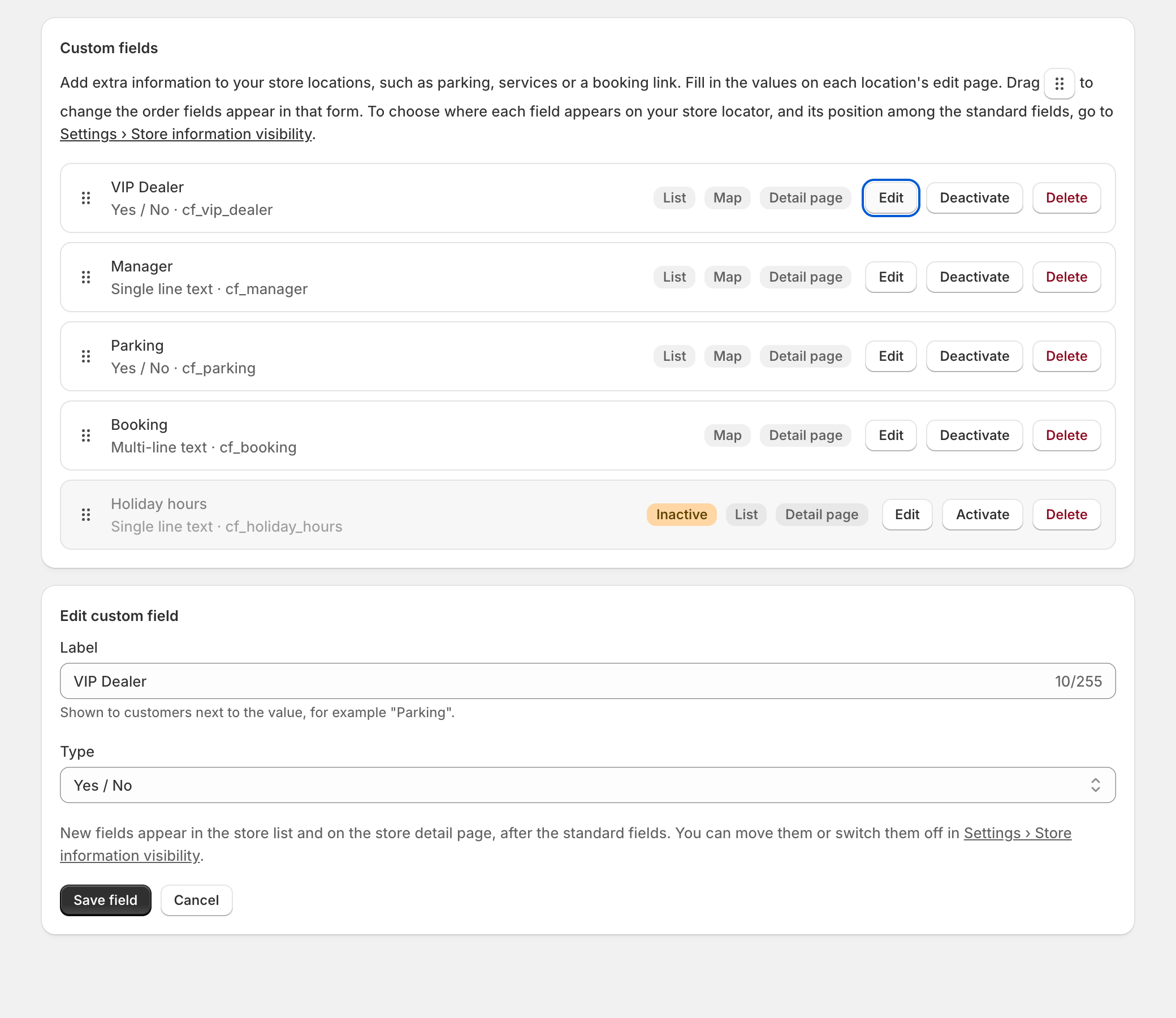 After clicking Edit on VIP Dealer, the form at the bottom is titled Edit custom field and shows its label and type